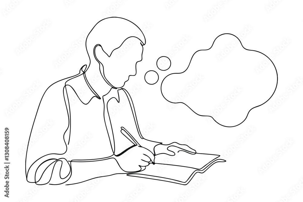 Single line drawing Man, writing, notebook, thoughts, ideas, contemplation, focus, concentration Single line drawing Man, writing, notebook, thoughts, ideas, contemplation, focus, concentration