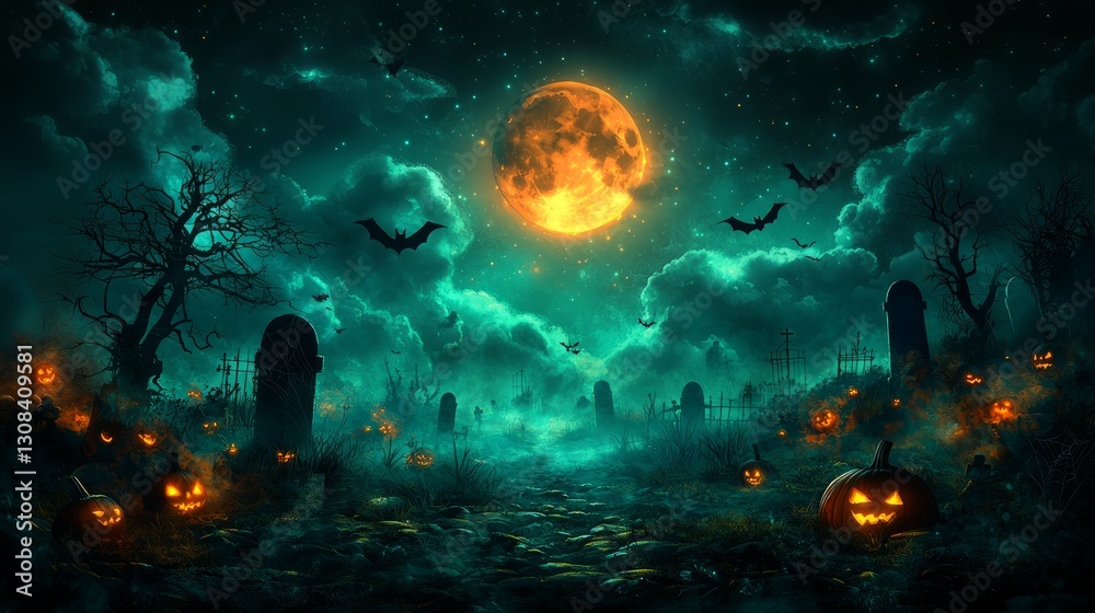 Obraz premium Halloween Cemetery at Night