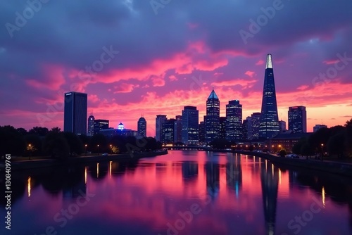 Manchester skyline at dusk, iconic buildings silhouetted against twilight sky, panorama, graphic