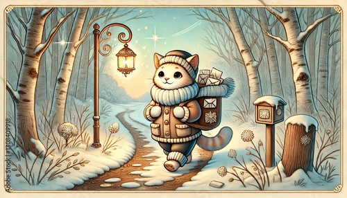 Wallpaper Mural A illustration of a cat mail carrier journeying along a thawing snowy path, delivering glowing letters and parcels under a gentle spring sun, surrounded by a tranquil forest transitioning to warmth Torontodigital.ca