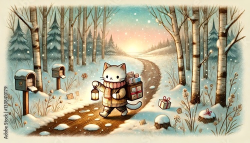 Wallpaper Mural A heartwarming storybook-style illustration of a small cat mail carrier delivering letters in a melting snowy forest as spring approaches, with a warm pastel glow and a whimsical, cozy atmosphere Torontodigital.ca