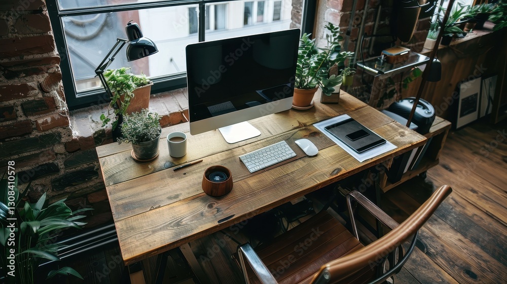 Rustic Chic Workspace with Computer and Plants