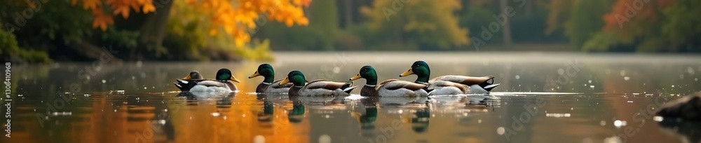 Obraz premium Graceful duck flock, autumn pond, vibrant foliage, farm, autumn, sun