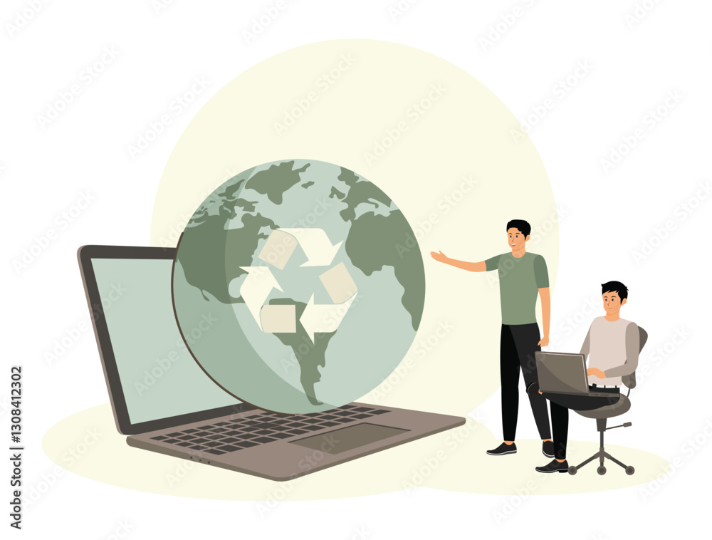 E-Waste Recycling Concept With Laptop Globe and Individuals. E-Waste Recycling Concept With Laptop Globe and Individuals.