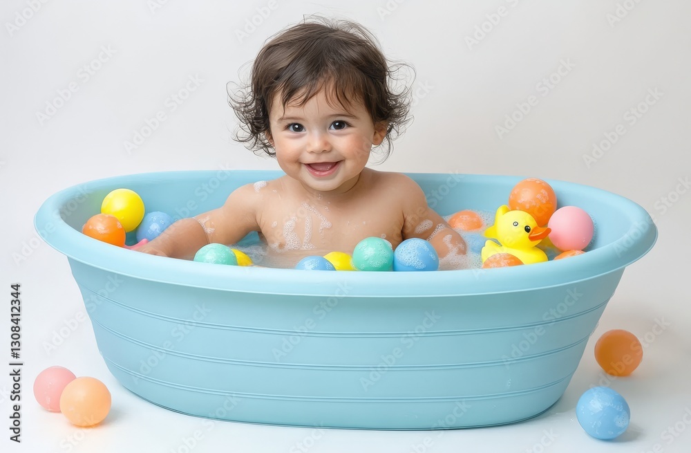 Surrounded by colorful toys, a baby plays in a bathtub filled with blue water and white soap Surrounded by colorful toys, a baby plays in a bathtub filled with blue water and white soap