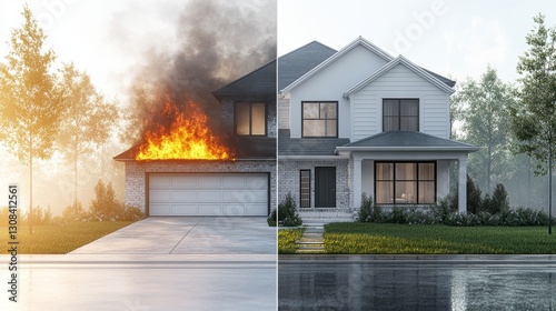 A house shown in a split image, with views before and after a major fire, symbolizing loss, resilience, insurance, reconstruction, and renewal