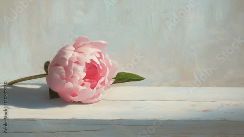 Fully Opened Pink Peony Resting on a Textured White Background photo