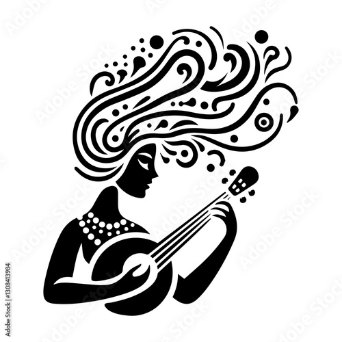 Simple Woman Playing Guitar Vector Icon – Vintage Logo & Retro Illustration