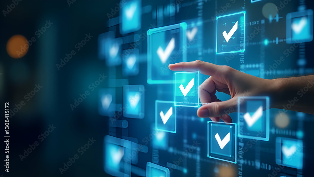 Streamline Your Digital Workflow: Hand Tapping Holographic Checkmarks and Crosses for Efficient Document Verification in a Smart Business Environment - Cute Vector Illustration Streamline Your Digital Workflow: Hand Tapping Holographic Checkmarks and Crosses for Efficient Document Verification in a Smart Business Environment - Cute Vector Illustration