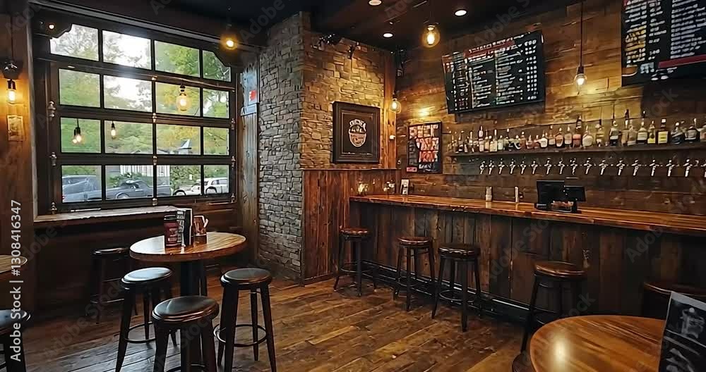 Rustic bar interior with wood accents, large windows, and a menu board.  Possible use for restaurant promotional materials or bar/restaurant stock photography