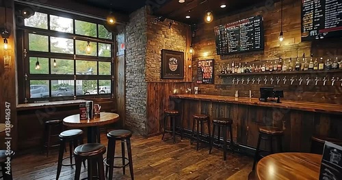 Rustic bar interior with wood accents, large windows, and a menu board.  Possible use for restaurant promotional materials or bar/restaurant stock photography