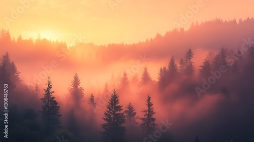 The hazy silhouettes of pine trees appear within an orange glow