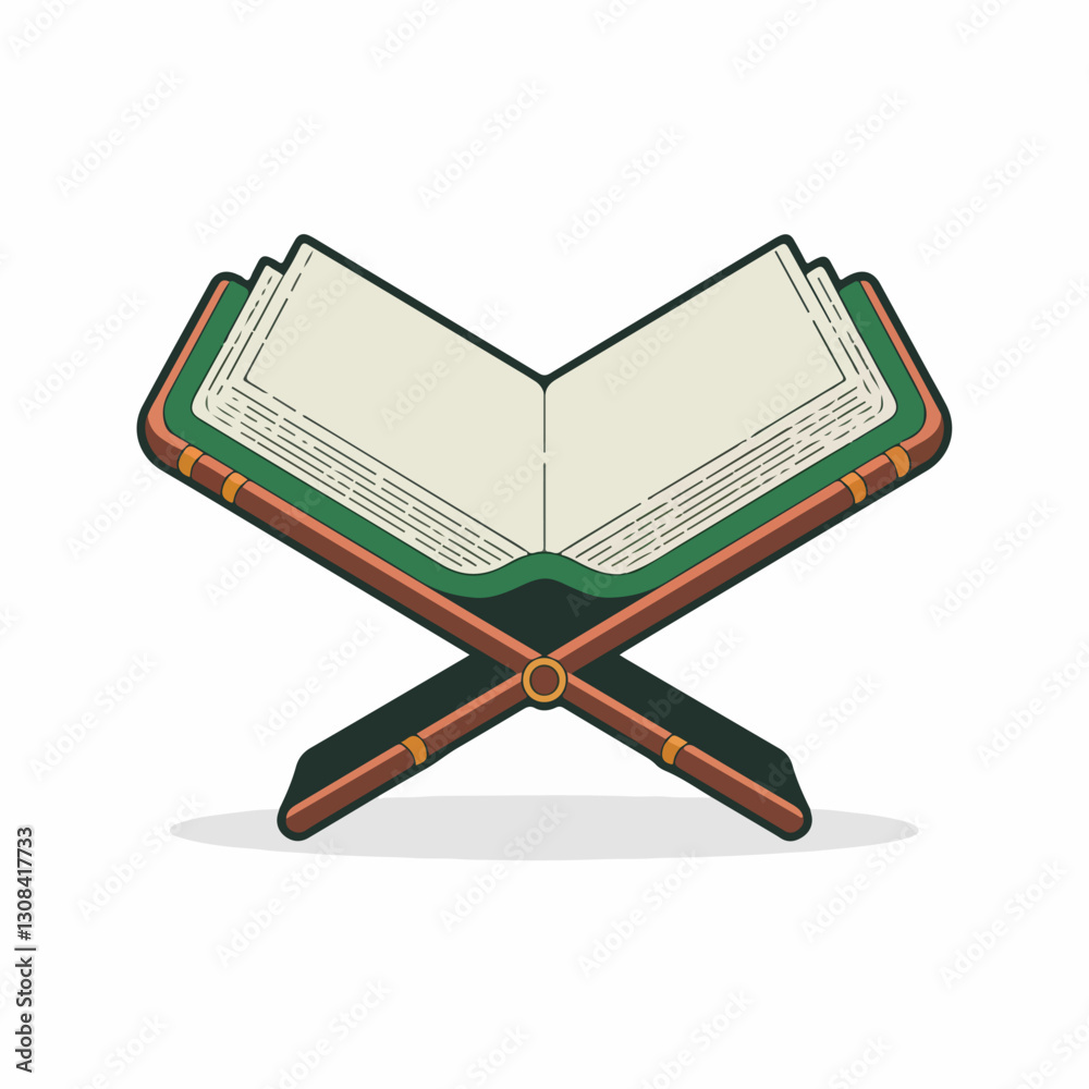 A Flat-Style Open Quran on book stand on a Plain Background A Flat-Style Open Quran on book stand on a Plain Background