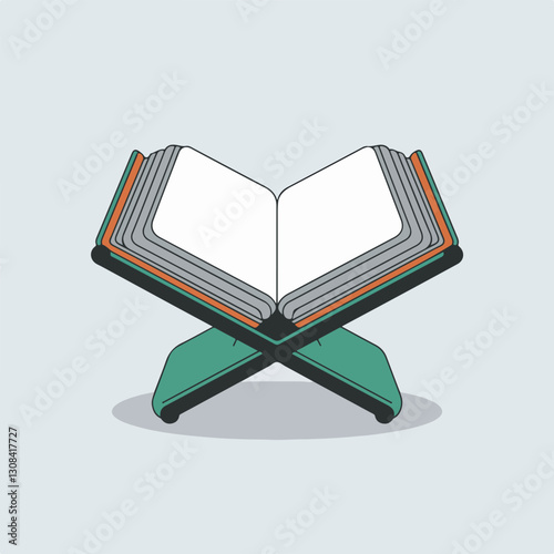 A Flat-Style Open Quran on book stand on a Plain Background