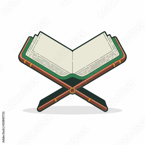 A Flat-Style Open Quran on book stand on a Plain Background