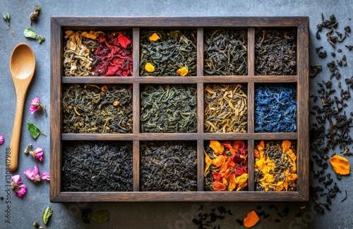 Various dry teas, including green tea, black tea, mint tea, rose tea, and chamomile tea, are stored in a wooden box, with each type having its own wooden spoon. The tea flavors are deepened by photo