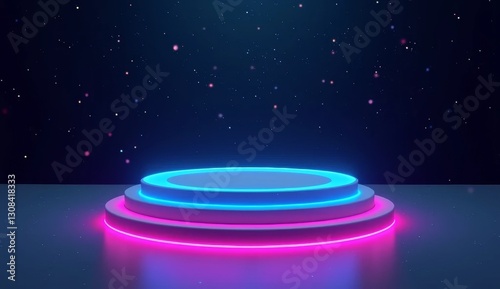 A futuristic 3D podium design, floating with the aid of anti-gravity technology, against a dark, star-filled space background. Neon blue and purple lights accentuate the podium's edges