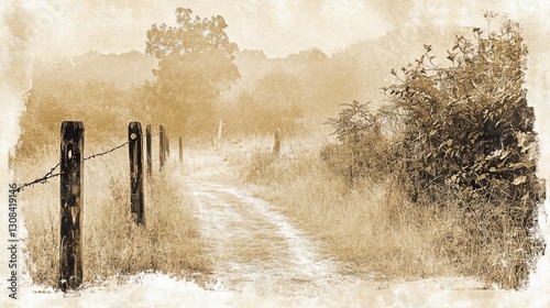 Wallpaper Mural Misty Path, Countryside, Dawn, Sepia Torontodigital.ca