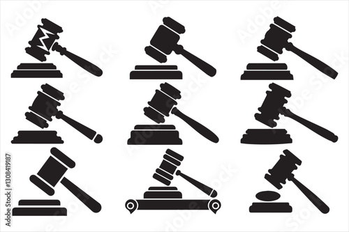Set of black gavel icons auction, legal judgment, and courtroom symbols a silhouette vector illustrations