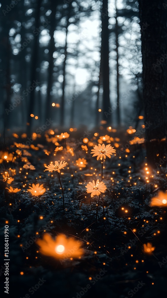 Naklejka premium Magical forest flowers at night
