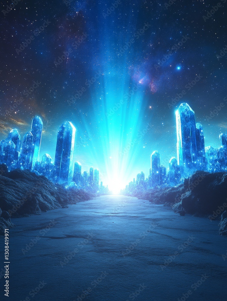 Fototapeta premium Celestial Crystal Fracture - An abstract portrayal of a vivid burst of blue crystals in space, emitting energy and light