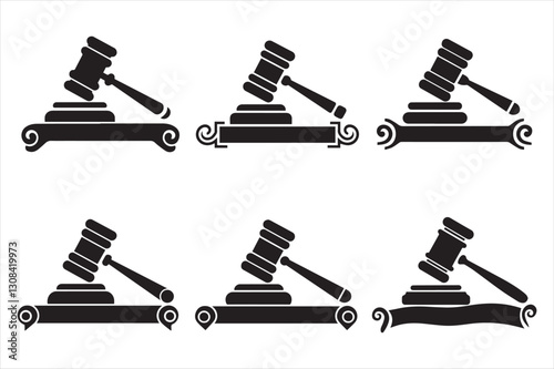 Set of black gavel icons auction, legal judgment, and courtroom symbols a silhouette vector illustrations