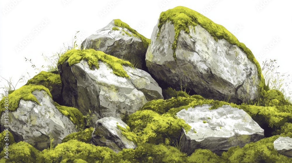 Detailed vector illustration of weathered granite boulders with thick moss carpets draping over edges, varied stone textures from smooth to craggy, multiple shades of green moss from dark forest to Detailed vector illustration of weathered granite boulders with thick moss carpets draping over edges, varied stone textures from smooth to craggy, multiple shades of green moss from dark forest to