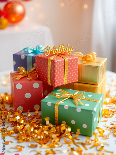 Beautifully wrapped birthday gifts in various colors sit on a table, surrounded by gleaming golden confetti, ready to be presented during a joyful celebration photo