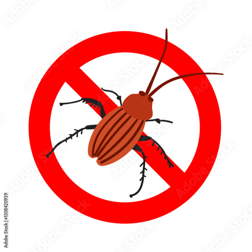 Red forbidden sign. Stop cockroach. Isolated icon for Pest control. Illustration on white background.