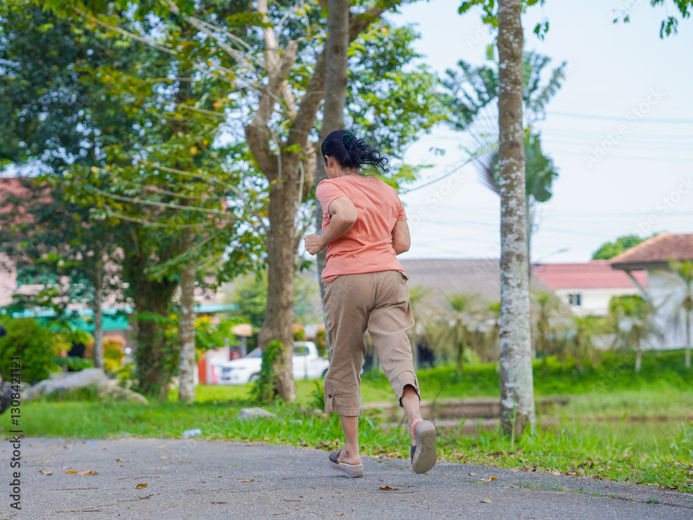 Obraz premium Lifestyle Health care. Elderly woman walking, running, exercise on walkway at park in morning. Health and a strong body from workout , jogging. Outdoor sports. People, environment, nature relax