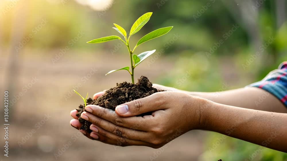 Hands Holding Young Green Plant Seedling in Rich Soil Hands Holding Young Green Plant Seedling in Rich Soil