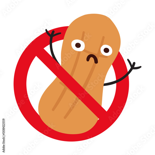 Prohibition sign. Funny character. Peanut. Vector illustration on white background.