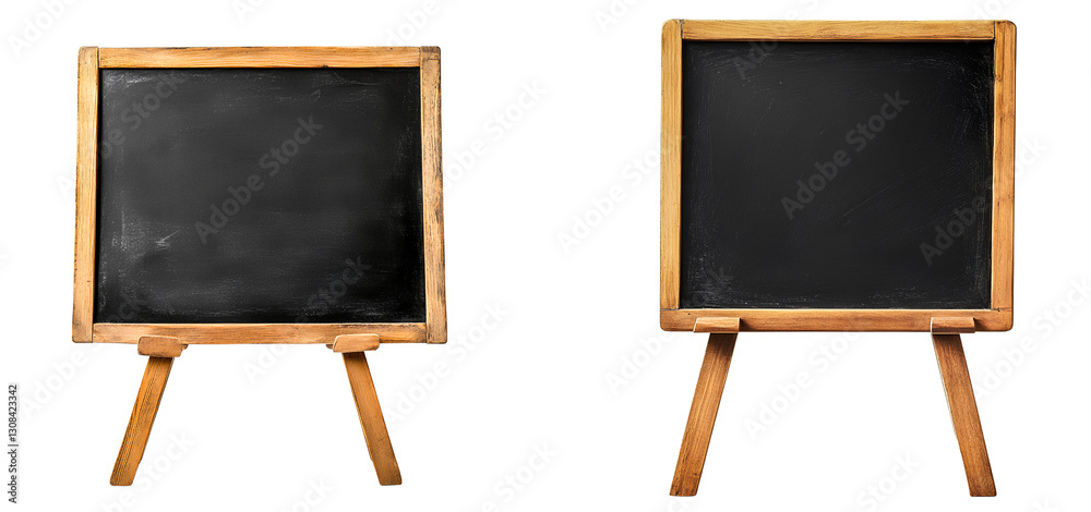 Blackboard with a wooden frame on a stand, isolated on a transparent background