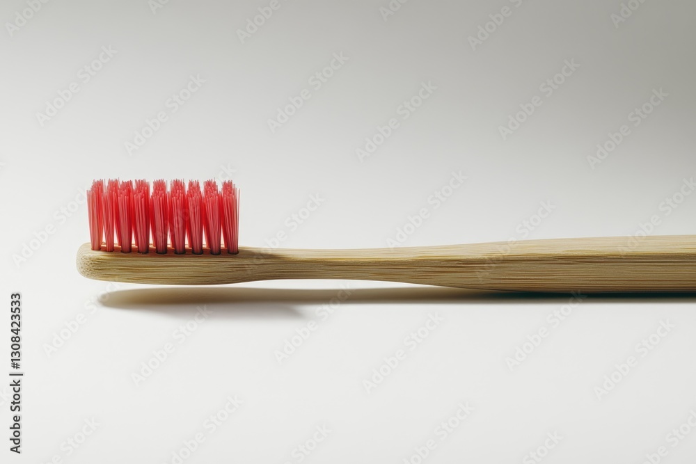 A close-up view of a bamboo toothbrush with pink bristles, showcasing its sustainable design.