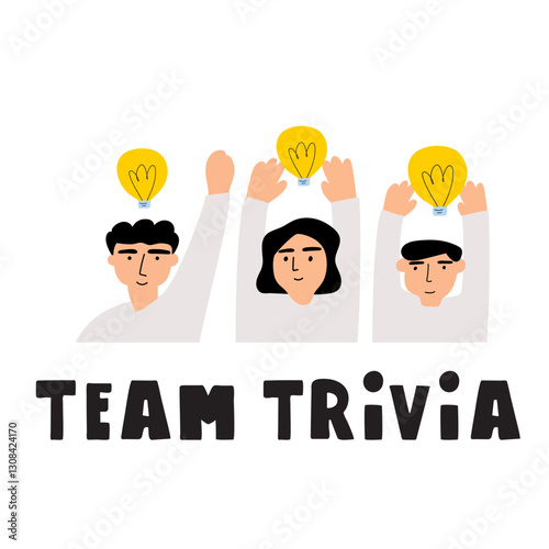 Team trivia. Young men playing smart game. Hand drawn design. Vector illustration on white background.