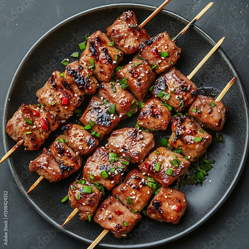 Grilled Pork Skewers on Dark Plate
