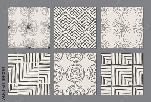 Set of trendy minimalist seamless pattern with abstract creative artistic hand drawn composition