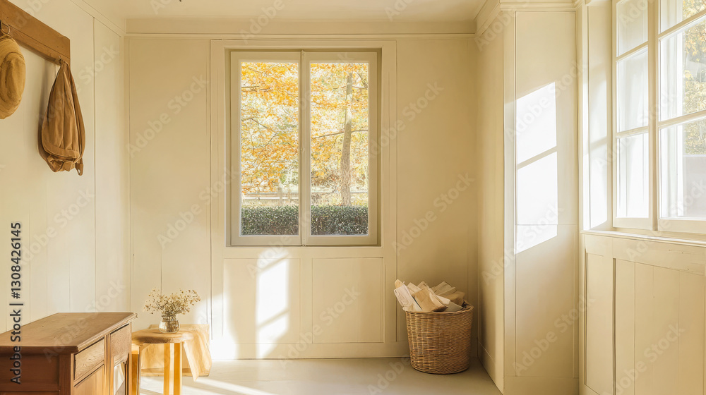Sunlight streaming through a window in a cozy indoor space with autumn colors outside Sunlight streaming through a window in a cozy indoor space with autumn colors outside