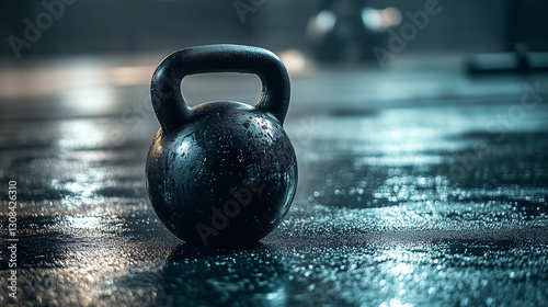 A kettlebell on a wet gym floor, representing strength, endurance, and fat-burning workouts.