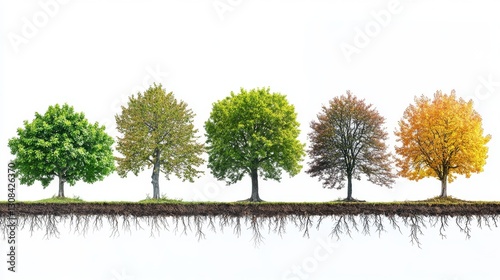 Cross-section visualization of maple tree growth stages against pure white background, detailed root system development from initial taproot to complex network, trunk diameter progression showing