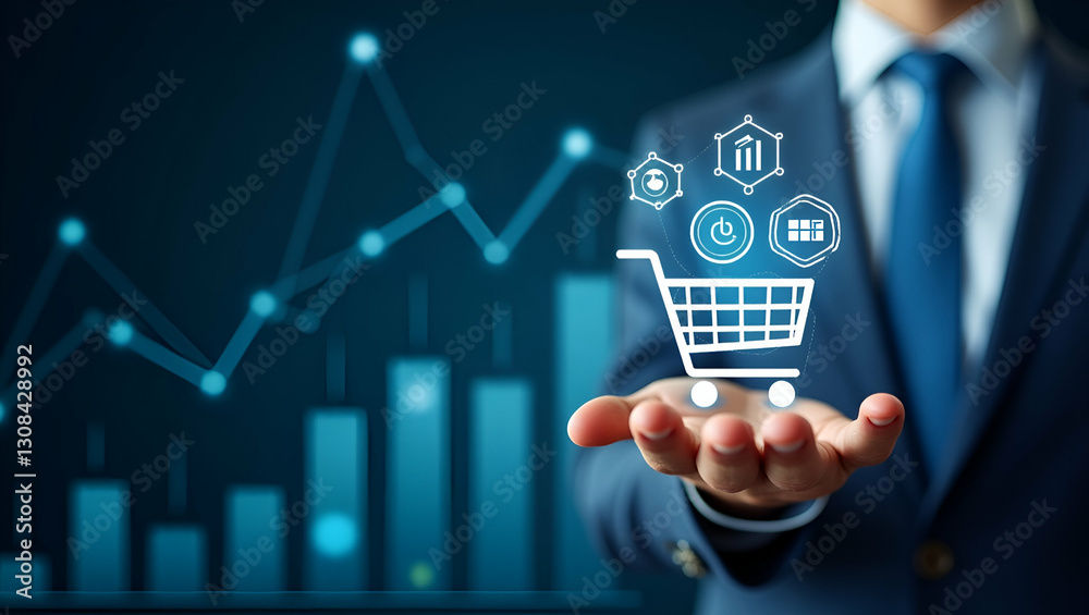 Professional stacking shopping cart analytics with holographic icons for market performance insights concept as Managing cart analytics and sales growth with advanced holographic visualization tools i Professional stacking shopping cart analytics with holographic icons for market performance insights concept as Managing cart analytics and sales growth with advanced holographic visualization tools i