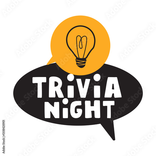 Black speech bubble with light bulb. Trivia night. Hand drawn illustration on white background.