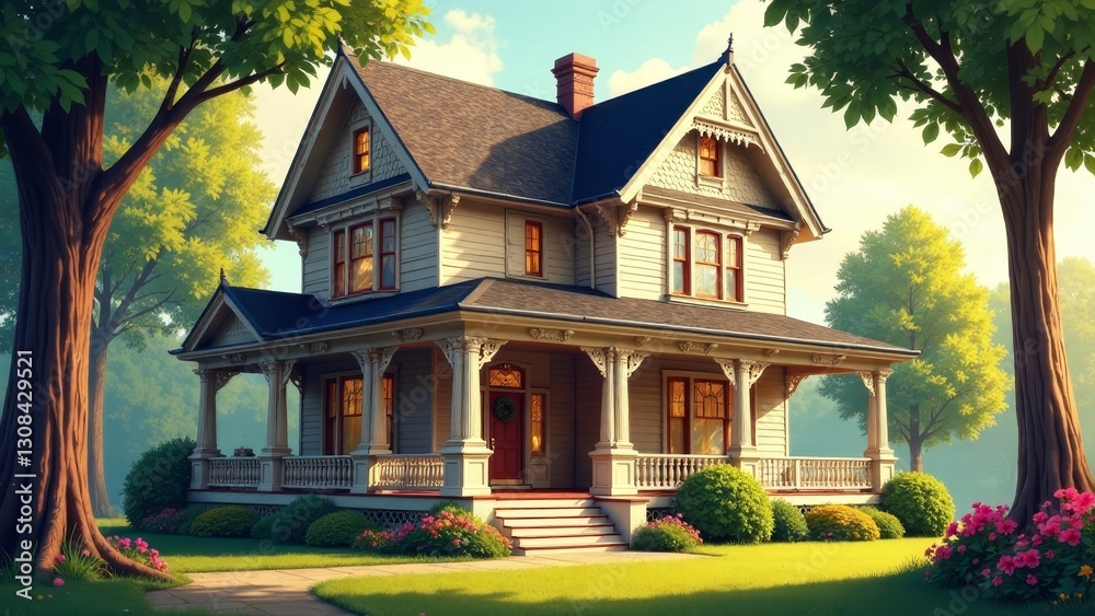 Charming Victorian-Style Home on a Sunny Day with Lush Greenery and a Wide Porch Charming Victorian-Style Home on a Sunny Day with Lush Greenery and a Wide Porch