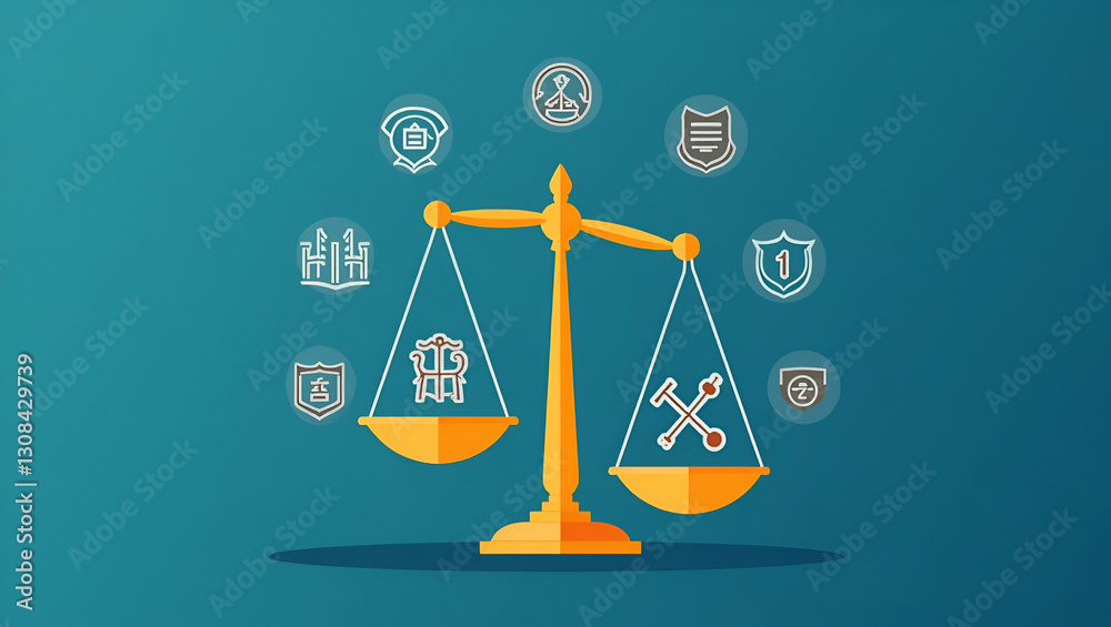 Flat Scales of Justice: A Cute Vector Illustration of Legal Balance Surrounded by Compliance and Regulation Icons for Smart Business Concepts Flat Scales of Justice: A Cute Vector Illustration of Legal Balance Surrounded by Compliance and Regulation Icons for Smart Business Concepts
