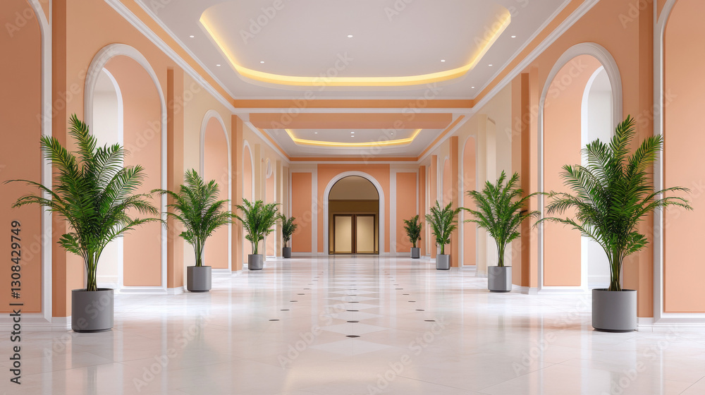 Fototapeta premium A serene hallway with a lush plant positioned centrally adding a touch of nature to the interior space