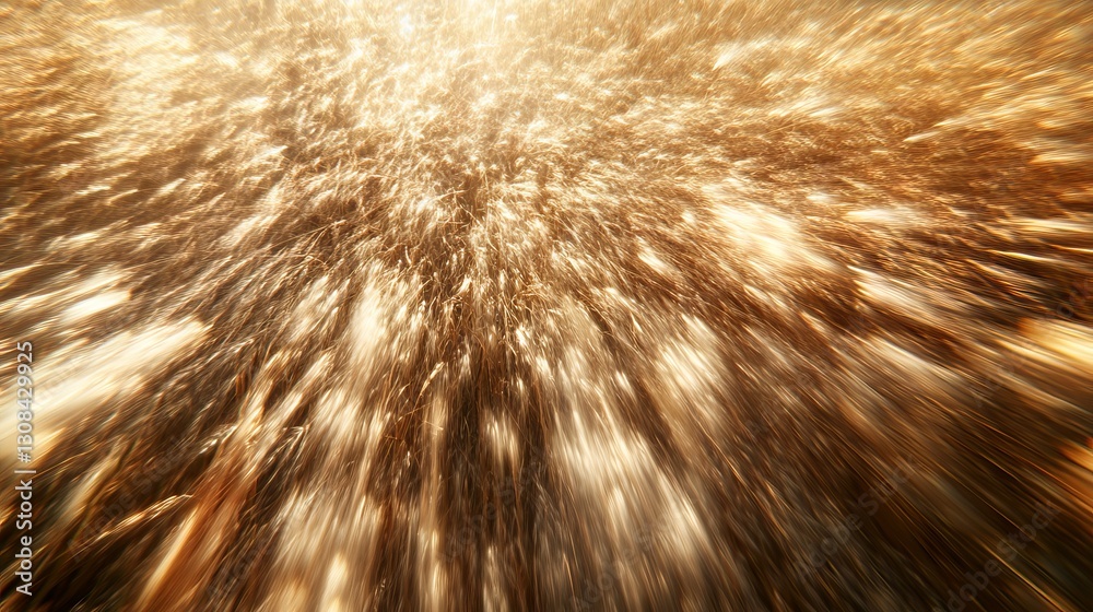 Fototapeta premium Zero degree angle capture of dense wheat field canopy, crisp detail of frontmost wheat heads transitioning to atmospheric blur, dancing shadows and light patterns from gentle breeze movement, earthy