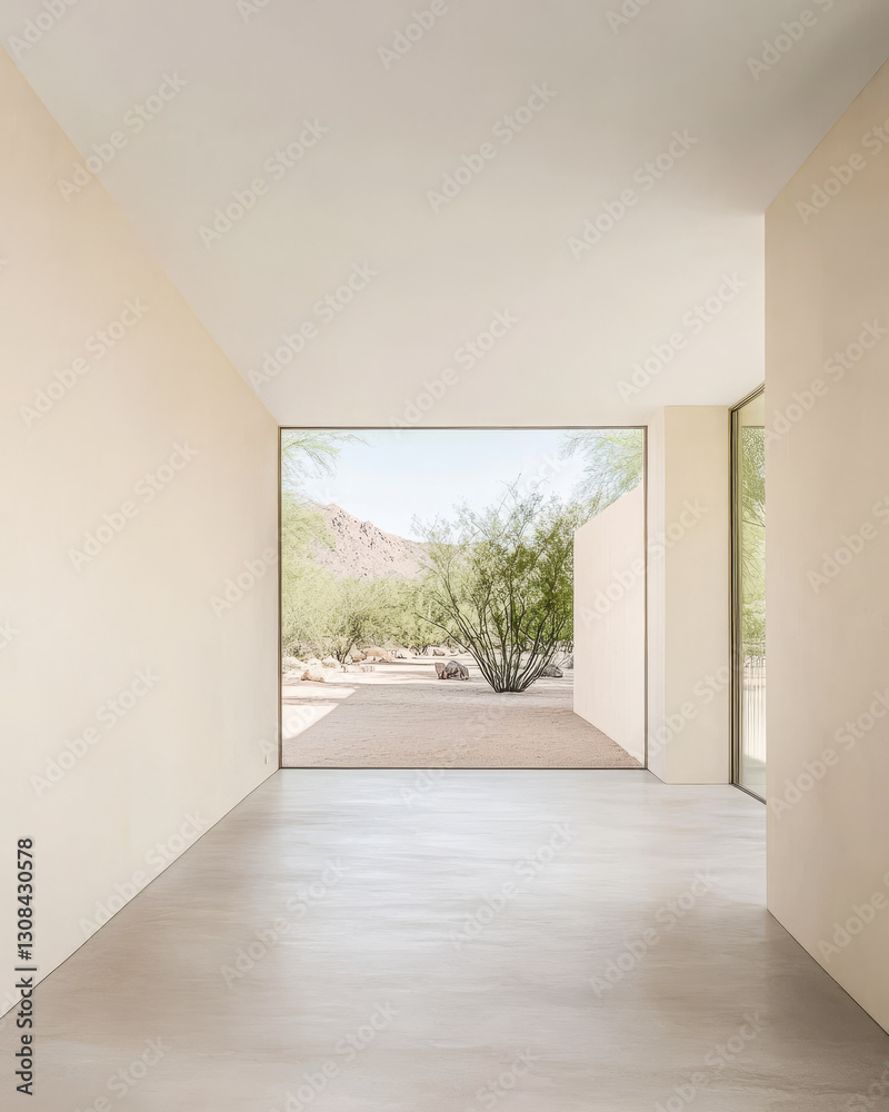 Fototapeta premium Modern architecture with a spacious interior and desert landscape view near a mountain range