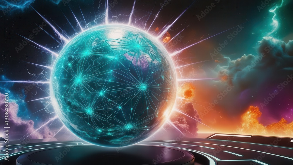 Obraz premium Dynamic energy sphere futuristic landscape digital art cosmic environment wide angle view