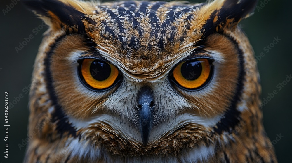 Owl staring intensely with bright orange eyes and detailed plumage Owl staring intensely with bright orange eyes and detailed plumage