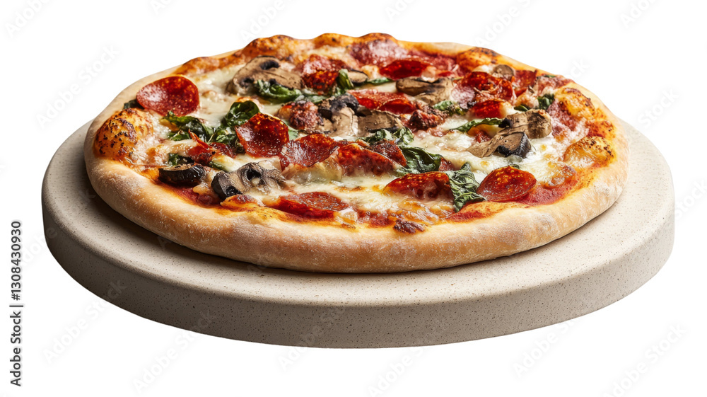 A delicious pepperoni, mushroom, and spinach pizza on a stone baking sheet. The warm colors and melted cheese make it look irresistible! A delicious pepperoni, mushroom, and spinach pizza on a stone baking sheet. The warm colors and melted cheese make it look irresistible!